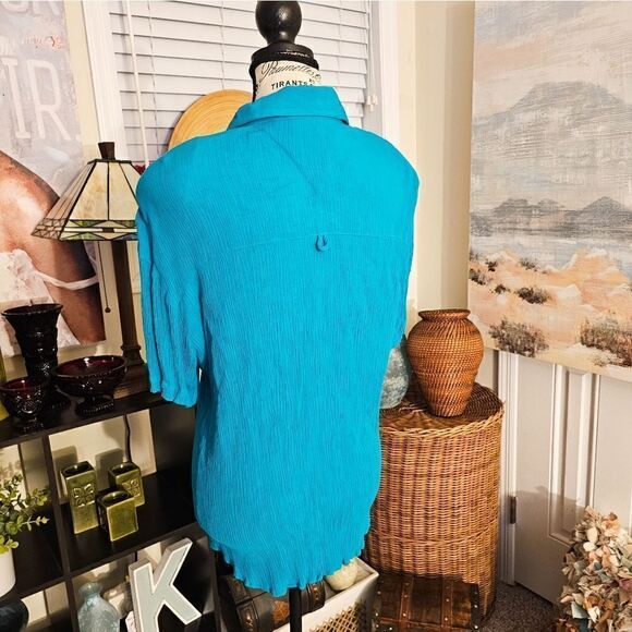 Vtg Melrose Rayon Blend Teal Ribbed Button Front Casual Blouse. - Picture 3 of 13